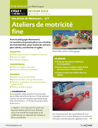 Ateliers de motricité fine. Montessori 5/7