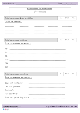 Evaluations de maths CE1 - 3ème trimestre