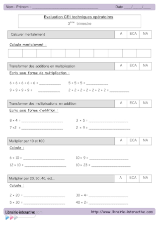 Evaluations de maths CE1 - 3ème trimestre