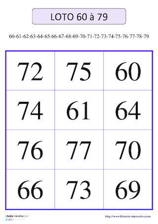 Loto des nombres de 60 à 79