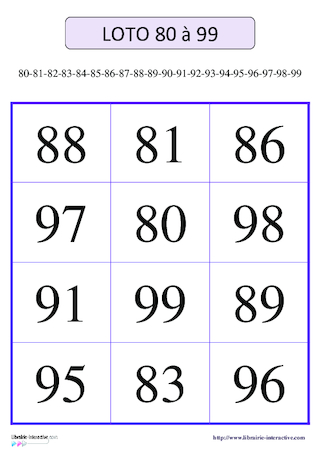 Loto des nombres de 80 à 99