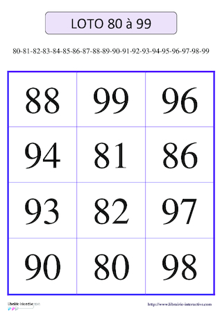 Loto des nombres de 80 à 99