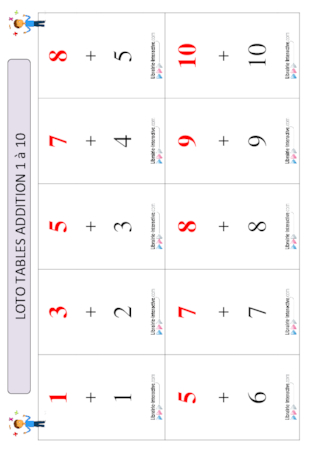 Loto tables d'addition 1 à 10