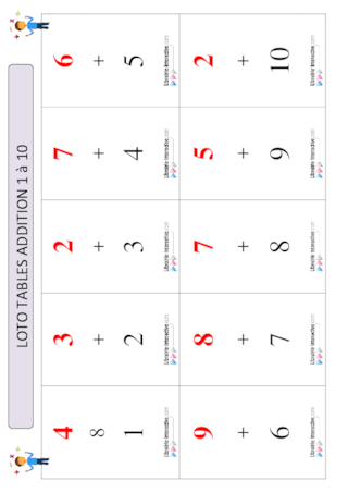 Loto tables d'addition 1 à 10