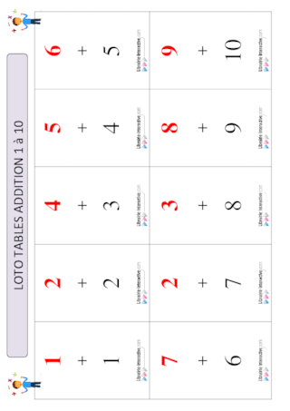 Loto tables d'addition 1 à 10