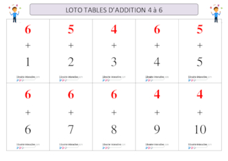 Loto tables d'addition 4 à 6