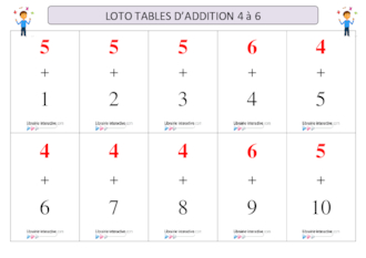 Loto tables d'addition 4 à 6