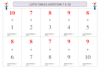 Loto tables d'addition 7 à 10