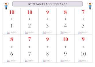 Loto tables d'addition 7 à 10