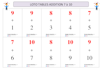 Loto tables d'addition 7 à 10