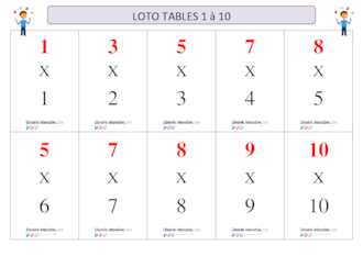 Loto tables multiplication 1 à 10