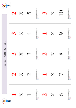 Loto tables multiplication 1 à 3