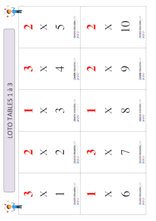 Loto tables multiplication 1 à 3