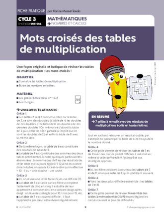 Mots croisés des tables de multiplication