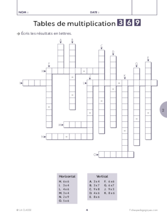 Mots croisés des table de multiplication