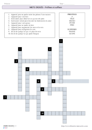 Mots croisés - préfixes et suffixes