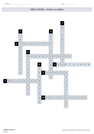 Mots croisés - préfixes et suffixes