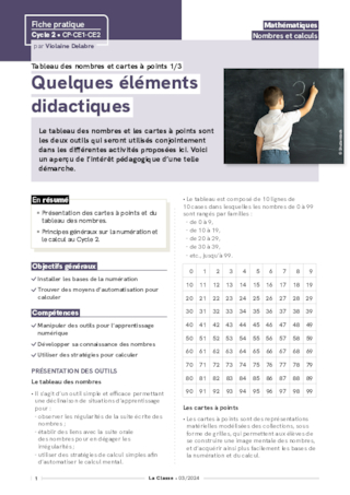 Tableau des nombres et cartes à points - Outils pour la construction du nombre et le calcul au Cycle 2