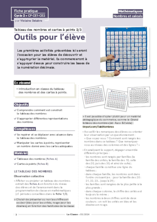 Tableau des nombres et cartes à points - Outils pour la construction du nombre et le calcul au Cycle 2